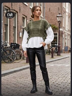 Miou Muse Olive Knit Layered Ruffle Pullover with White Peplum